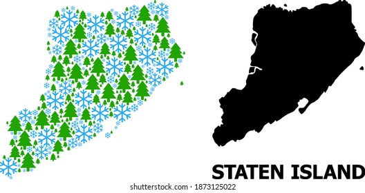 Vector mosaic map of Staten Island created for New Year, Christmas, and winter. Mosaic map of Staten Island is shaped with snowflakes and fir-trees.