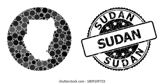 Vector mosaic map of Sudan with circle spots, and grey watermark seal. Subtraction round map of Sudan collage composed with circles in variable sizes, and dark grey color tints.