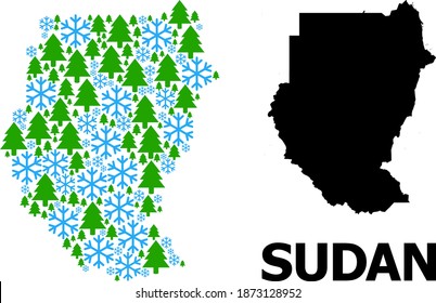 Vector mosaic map of Sudan combined for New Year, Christmas, and winter. Mosaic map of Sudan is created of snow flakes and fir-trees. Winter related items are united into abstract mosaic map of Sudan.
