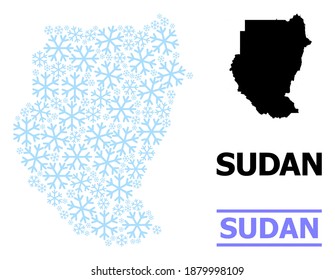 Mapa vectorial de mosaico de Sudán creado para Año Nuevo, celebración de Navidad e invierno. Mapa mosaico de Sudán creado a partir de elementos de nieve azul claro.