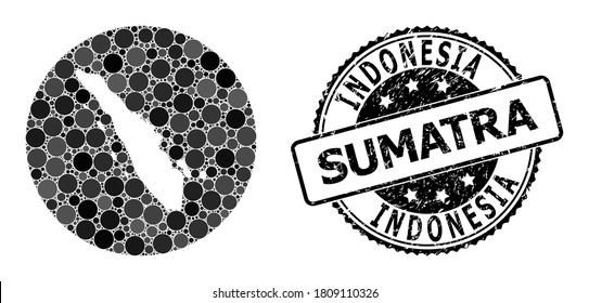 Vector mosaic map of Sumatra Island with circle elements, and grey scratched seal stamp. Subtraction circle map of Sumatra Island collage formed with circles in variable sizes, and dark grey shades.