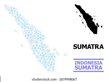 Vektormosaikkarte von Sumatra Island, die für Neujahr, Weihnachtsfeiern und Winter entworfen wurde. Die Mosaikkarte von Sumatra Island wurde aus hellblauen Schneesymbolen entworfen.