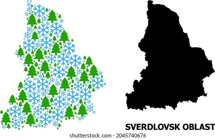 Vector mosaic map of Sverdlovsk Region combined for New Year, Christmas, and winter. Mosaic map of Sverdlovsk Region is created from snow and fir trees.