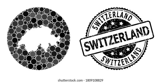 Vector mosaic map of Switzerland with spheric elements, and gray scratched seal. Hole round map of Switzerland collage formed with circles in different sizes, and dark gray color tinges.