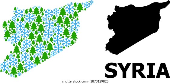 Vector mosaic map of Syria done for New Year, Christmas, and winter. Mosaic map of Syria is done of snowflakes and fir-trees. Winter related items are grouped into abstract mosaic map of Syria.