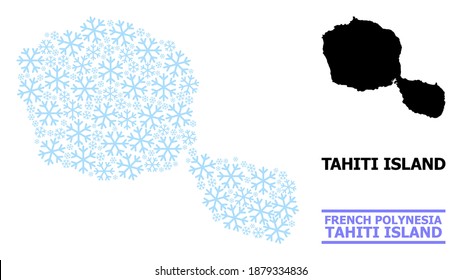 Vector mosaic map of Tahiti Island constructed for New Year, Christmas celebration, and winter. Mosaic map of Tahiti Island is created of light blue snow items.