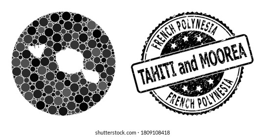Vector mosaic map of Tahiti and Moorea islands of circle items, and grey rubber stamp. Hole round map of Tahiti and Moorea islands collage composed with circles in different sizes,