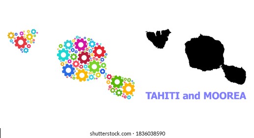 Vector mosaic map of Tahiti and Moorea islands done for mechanics. Mosaic map of Tahiti and Moorea islands is formed of random bright gear wheels. Engineering components in bright colors.