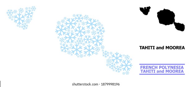 Vector mosaic map of Tahiti and Moorea islands designed for New Year, Christmas celebration, and winter. Mosaic map of Tahiti and Moorea islands is designed of light blue snow flakes.