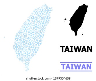 Mapa de mosaico vectorial de Taiwán hecho para Año Nuevo, celebración de Navidad e invierno. El mapa mosaico de Taiwán está formado por íconos de nieve azul claro. Plantilla de diseño para afiches políticos y de Año Nuevo.