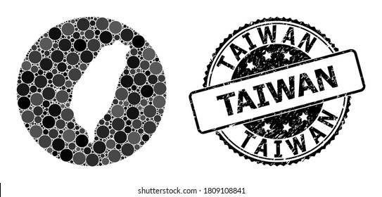 Vector mosaic map of Taiwan with spheric elements, and gray grunge seal stamp. Stencil round map of Taiwan collage composed with circles in different sizes, and dark grey color tones.