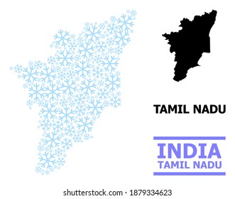 Vector mosaic map of Tamil Nadu State constructed for New Year, Christmas celebration, and winter. Mosaic map of Tamil Nadu State is formed from light blue snow items.