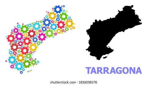 Vector mosaic map of Tarragona Province designed for engineering. Mosaic map of Tarragona Province is created with scattered bright cogs. Engineering components in bright colors.