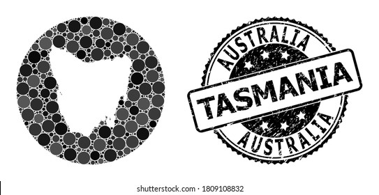 Vector mosaic map of Tasmania Island with circle elements, and grey grunge seal stamp. Hole circle map of Tasmania Island collage formed with circles in variable sizes, and dark grey color hues.