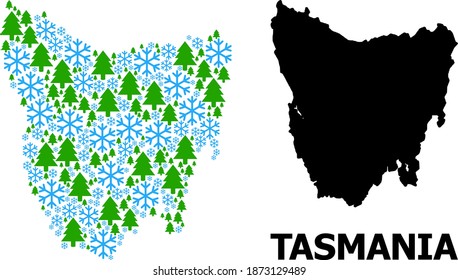 Vector mosaic map of Tasmania Island combined for New Year, Christmas, and winter. Mosaic map of Tasmania Island is made with snowflakes and fir-trees.