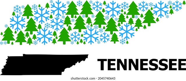 Vector mosaic map of Tennessee State designed for New Year, Christmas, and winter. Mosaic map of Tennessee State is formed with snow flakes and fir forest.
