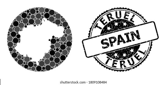 Vector mosaic map of Teruel Province with spheric blots, and grey grunge stamp. Subtraction round map of Teruel Province collage created with circles in different sizes, and dark grey shades.