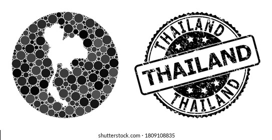 Vector mosaic map of Thailand with circle elements, and gray rubber stamp. Hole circle map of Thailand collage composed with circles in different sizes, and dark grey color hues.