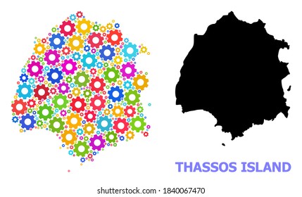 Vector mosaic map of Thassos Island designed for workshops. Mosaic map of Thassos Island is organized with scattered bright cogs. Engineering components in bright colors.