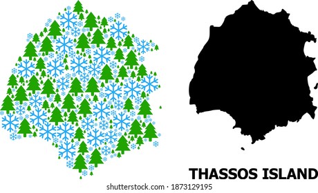 Vektormosaikkarte von Thassos Island für Neujahr, Weihnachten und Winter. Die Mosaikkarte der Insel Thassos besteht aus Schnee und Tannenwald.