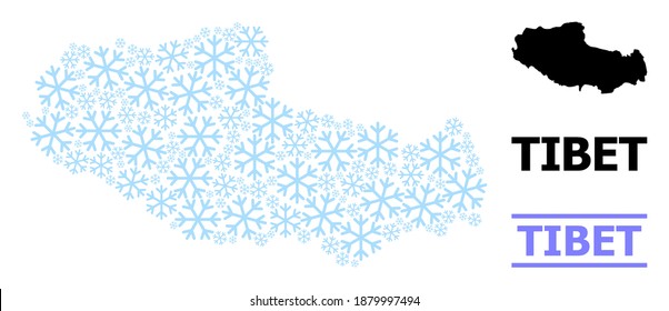 Vector mosaic map of Tibet done for New Year, Christmas celebration, and winter. Mosaic map of Tibet is created with light blue snow items. Design elements for political and New Year applications.
