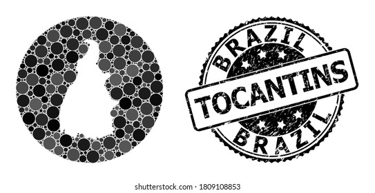 Mapa de mosaico vectorial del estado de Tocantins de elementos redondos, y estampado de grunge gris. Mapa circular de esténcil del collage del Estado de Tocantins creado con círculos de varios tamaños y tonos grises oscuros.