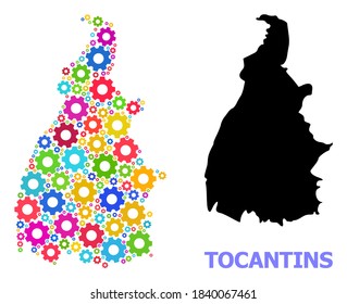 Vector mosaic map of Tocantins State organized for engineering. Mosaic map of Tocantins State is composed of scattered bright wheels. Engineering components in bright colors.