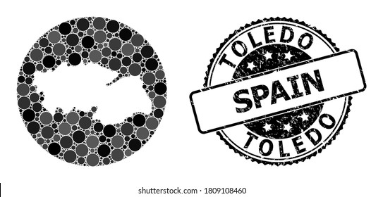 Vector mosaic map of Toledo Province with spheric items, and grey grunge seal. Stencil round map of Toledo Province collage designed with circles in various sizes, and dark grey color hues.