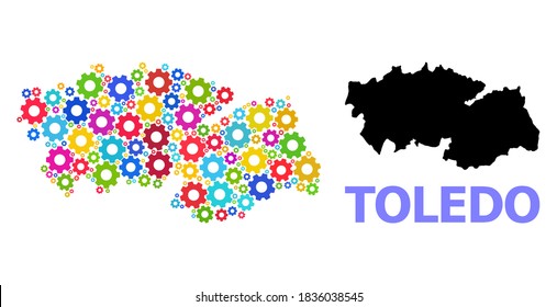 Mapa de mosaicos vectoriales de la provincia de Toledo organizado para ingeniería. El mapa mosaico de la provincia de Toledo está construido con ruedas de engranajes de colores aleatorios. Artículos de ingeniería de colores vivos.