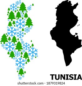 Vector mosaic map of Tunisia created for New Year, Christmas, and winter. Mosaic map of Tunisia is created from snow and fir trees.
