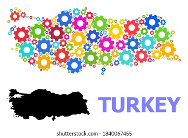 Vector mosaic map of Turkey organized for engineering. Mosaic map of Turkey is shaped from randomized colored gear wheels. Engineering items in bright colors.