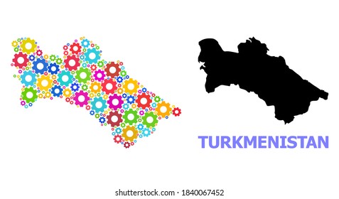 Mapa de mosaicos vectoriales de Turkmenistán creado para servicios. El mapa mosaico de Turkmenistán está organizado con ruedas brillantes al azar. Artículos de ingeniería de colores vivos.
