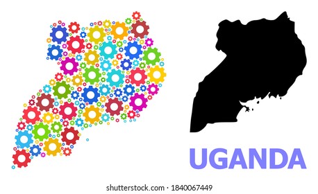 Vector mosaic map of Uganda done for industrial apps. Mosaic map of Uganda is created from randomized bright cogs. Engineering items in bright colors.