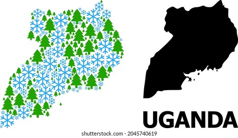 Vector mosaic map of Uganda organized for New Year, Christmas, and winter. Mosaic map of Uganda is organized from snow and fir forest.