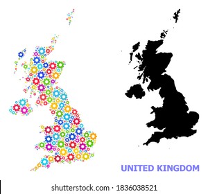 Vector mosaic map of United Kingdom constructed for engineering. Mosaic map of United Kingdom is formed of scattered colorful gear wheels. Engineering items in bright colors.