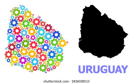 Mapa de mosaicos vectoriales de Uruguay combinado para ingeniería. El mapa mosaico de Uruguay está construido con ruedas de engranajes multicolores al azar. Artículos de ingeniería de colores vivos.