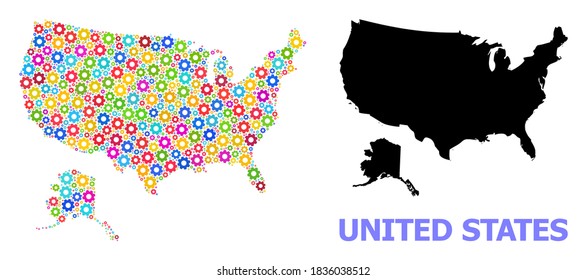Vector mosaic map of USA and Alaska done for engineering. Mosaic map of USA and Alaska is constructed of scattered bright gears. Engineering components in bright colors.