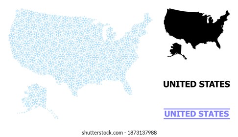 Mapa vectorial de mosaicos de EEUU y Alaska construidos para Año Nuevo, celebración de Navidad e invierno. Mapa mosaico de EEUU y Alaska está construido de nieve azul claro.
