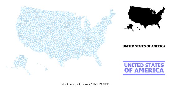 Vector mosaic map of USA territories constructed for New Year, Christmas celebration, and winter. Mosaic map of USA territories is done from light blue snow items.