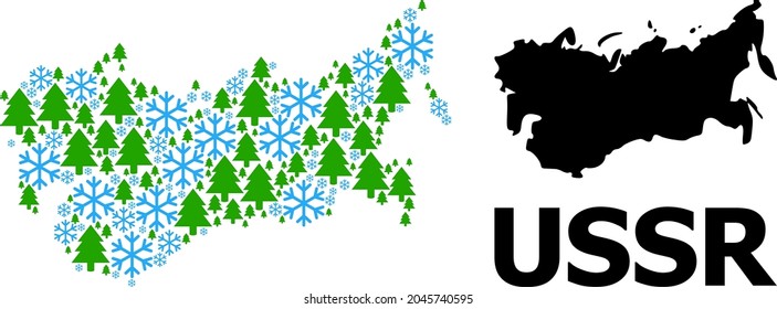Mapa vectorial de mosaico de la URSS hecho para Año Nuevo, Navidad e invierno. El mapa mosaico de la URSS está diseñado con copos de nieve y abetos. Los artículos relacionados con el invierno se organizan en un mapa abstracto de mosaicos de la URSS.