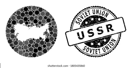 Vector mosaic map of USSR with spheric items, and gray scratched seal. Negative round map of USSR collage designed with circles in variable sizes, and dark grey color hues.