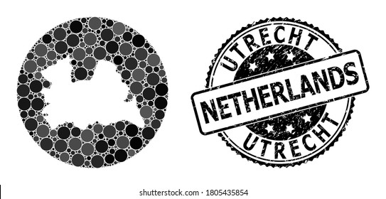 Vector mosaic map of Utrecht Province with circle spots, and gray scratched seal stamp. Negative circle map of Utrecht Province collage designed with circles in variable sizes,