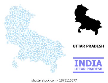 Mapa de mosaicos vectoriales del estado de Uttar Pradesh combinado para Año Nuevo, celebración de Navidad e invierno. El mapa mosaico del estado de Uttar Pradesh está hecho con íconos de nieve azul claro.