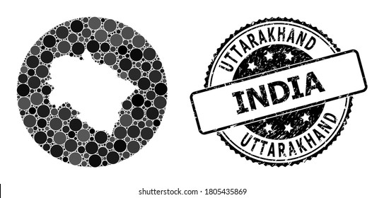 Vector mosaic map of Uttarakhand State of circle dots, and grey watermark seal. Stencil round map of Uttarakhand State collage composed with circles in various sizes, and dark grey color tones.