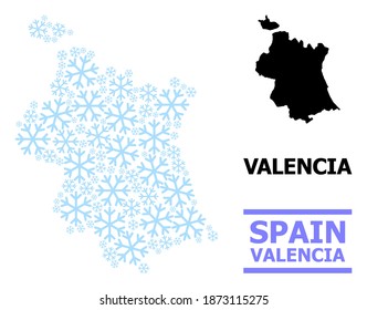 Mapa vectorial de mosaico de la provincia de Valencia organizado para Año Nuevo, Navidad y invierno. El mapa mosaico de la provincia de Valencia está organizado a partir de cristales de hielo azul claro.