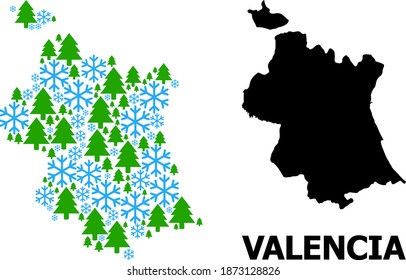 Vector mosaic map of Valencia Province organized for New Year, Christmas, and winter. Mosaic map of Valencia Province is organized with snow and fir trees.