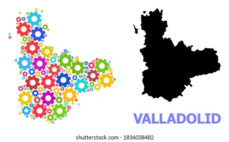 Vector mosaic map of Valladolid Province constructed for services. Mosaic map of Valladolid Province is made with scattered bright wheels. Engineering components in bright colors.