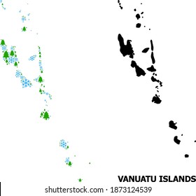 Mapa vectorial de mosaico de las Islas Vanuatu creado para Año Nuevo, Navidad e invierno. El mapa mosaico de las islas de Vanuatu está construido con copos de nieve y abetos.