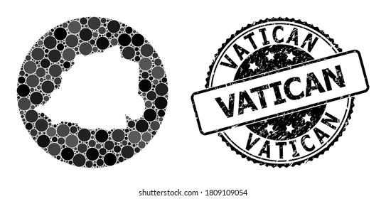 Vector mosaic map of Vatican of circle spots, and gray scratched seal. Stencil circle map of Vatican collage created with circles in variable sizes, and dark gray color hues.