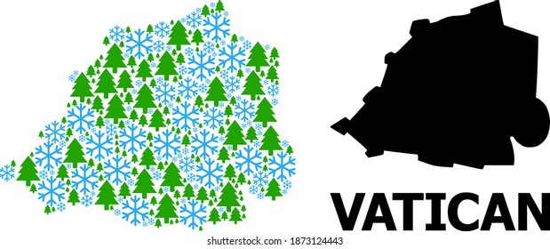 Vector mosaic map of Vatican created for New Year, Christmas, and winter. Mosaic map of Vatican is formed of snowflakes and fir-trees.